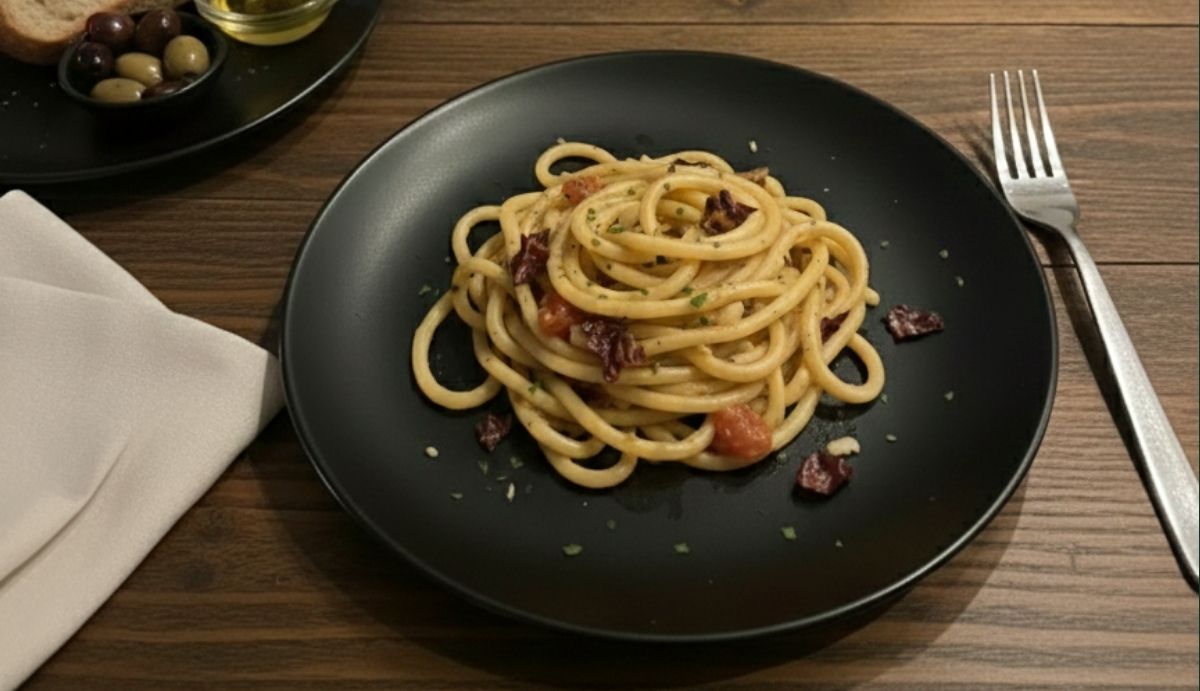 Bigoli acciughe radicchio e pomodorini su piatto