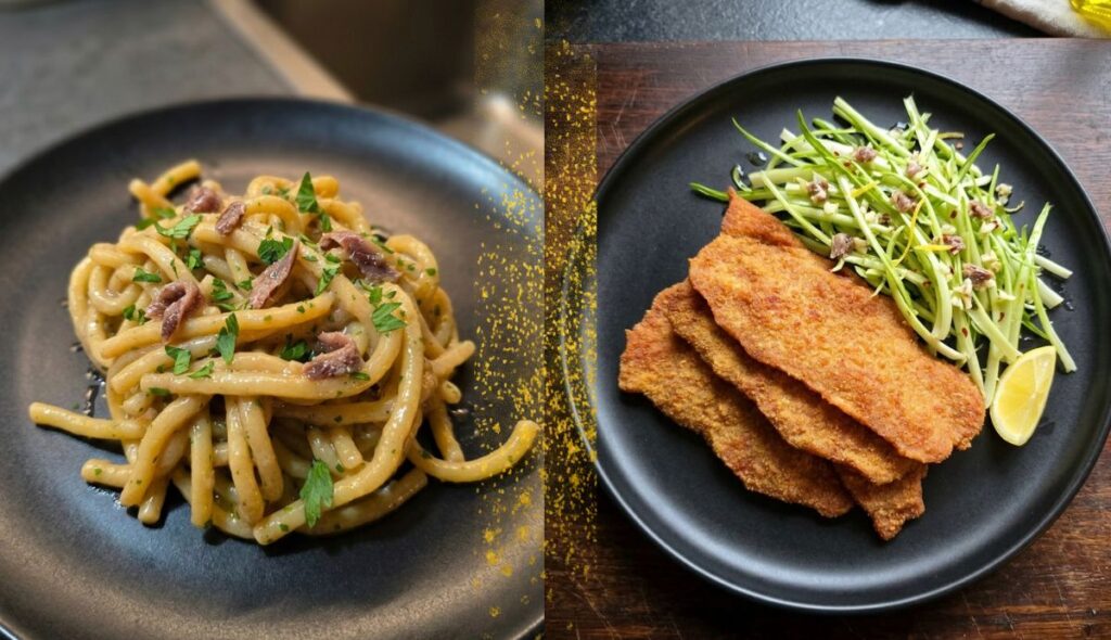 Bigoli con acciughe lonza e puntarelle